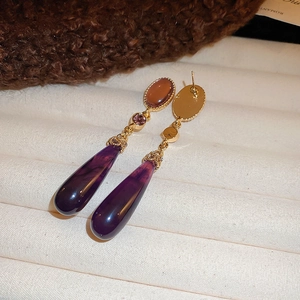Vintage gothic style long teardrop earrings with purple resin and golden alloy frame