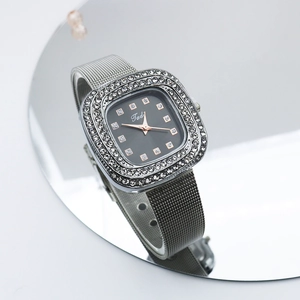 Elegant women's square quartz watch with silver Milanese mesh band and rhinestone bezel
