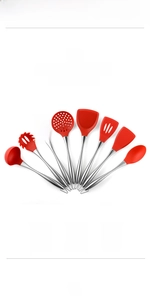 8-piece red silicone kitchen utensil set with heat resistance from -40°C to +230°C