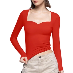 Slim fit red square neck long sleeve crop top with heart-shaped cutout detail for women