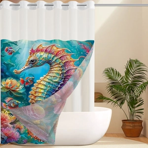 Detail of waterproof waffle shower curtain with colorful seahorse and coral reef print