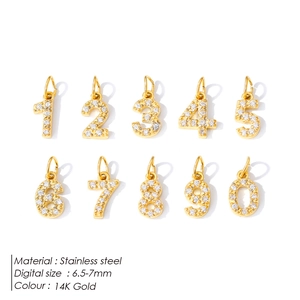 Set of 10 gold stainless steel number charms with zircon stones for DIY jewelry