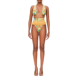 Close-up of ethnic print bikini top with V-neckline and yellow tassel fringe detail