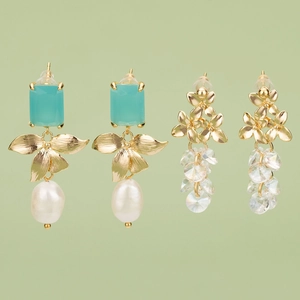 18K gold plated flower and leaf earrings featuring turquoise gems and baroque pearls