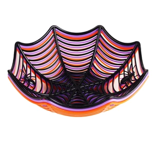 Set of 3 spider web candy bowls in black, purple, and orange for Halloween party decor