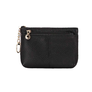 Mini black lychee pattern leather coin purse with double gold zippers and a keychain ring