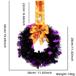 50cm Halloween wreath with black and purple sequins, orange pumpkin ribbon, and bats