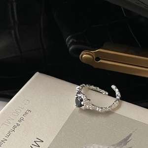 925 Sterling Silver Ring For Women Black Zircon Round Gemstone Irregular Lava Texture Open Adjustable Gothic Minimalist