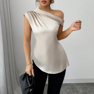 Elegant champagne satin one-shoulder sleeveless top with a slim fit and asymmetrical hem