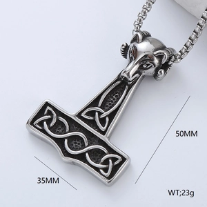 Vintage Thor's Hammer necklace in stainless steel with wolf head and Celtic knot detail
