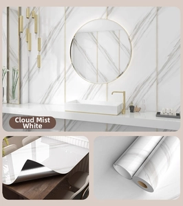 Close-up of cloud mist white marble self-adhesive wallpaper with glossy oil-proof texture