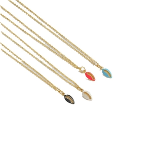 Vintage planet star pendants in red, blue, black, and cream on thin gold chain necklaces