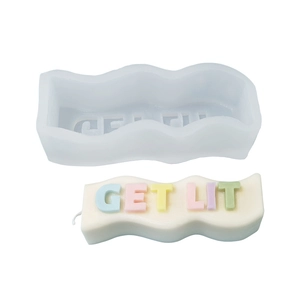 DIY silicone mold for scented candles featuring GET LIT 3D lettering and wave base design