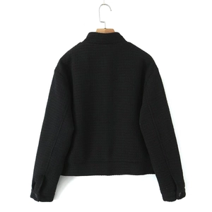 Women's black stand-collar long sleeve cropped jacket with textured woven fabric