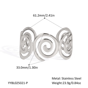 Detailed size specifications for the stainless steel twisted spiral open bangle bracelet