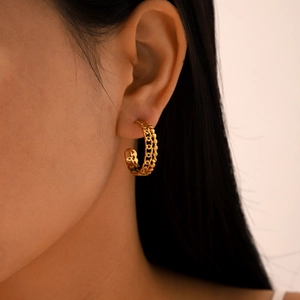 Hollow Chain C Shaped Hoop Earrings Stainless Steel Geometric Design Fashion Jewelry For Women 18K Gold Plated