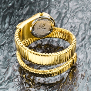 Detail of the stainless steel back of a golden snake watch showing water resistance