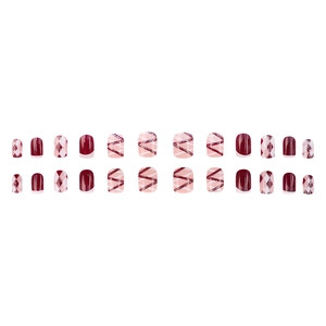 Short square press-on nails set with red checkerboard and glitter french tip design
