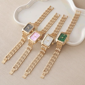 Elegant women's square quartz watches with gold steel bands in multiple dial colors