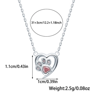 Detailed technical drawing of S925 silver cat paw heart necklace with size dimensions