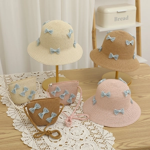 Straw Hat And Matching Handbag Paper Weave Sun Protection Outdoor Beach Sweet Lace Bow For Kids Women Summer Fashion
