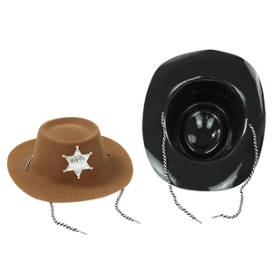 Classic plastic cowboy sheriff hats with star badges and woven cords for party costumes