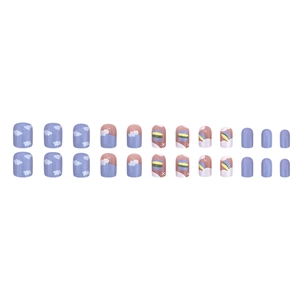 Lavender press-on nails set with dreamy cloud and rainbow art patterns on white background