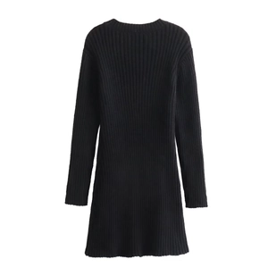 Detail showing the ribbed texture and back view of a slim black knitted long sleeve dress
