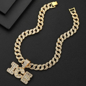 Chaîne cubaine dorée hip-hop pour homme avec pendentif ICE serti sur cuir noir