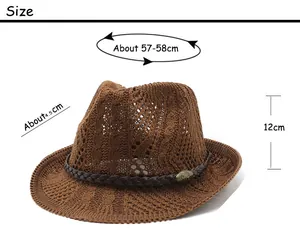Size chart for brown knit fedora hat with 57-58cm head circumference and 4.5cm brim