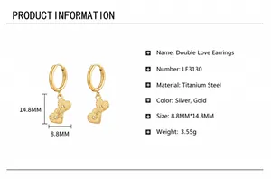Detail view of zircon double heart titanium earrings with precise size dimensions