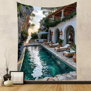 Detail of bohemian tapestry featuring a Mediterranean landscape with a blue pool and archway