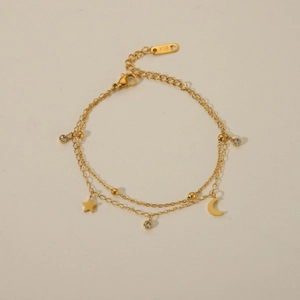 Women Double Layer Stainless Steel Bracelet 18K Gold Plated Star Moon Heart Clover Pendant Rhinestone Fashion Jewelry
