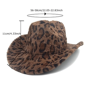 Chapeau de cow-boy léopard pour femme en tissu peluche chaud avec motif animalier brun