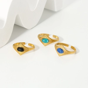 Retro 18k gold plated stainless steel open rings with natural stone inlays for women