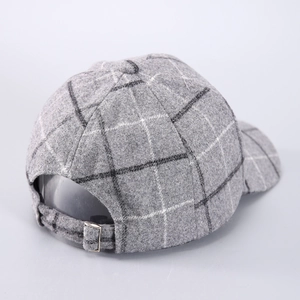 Thick grey houndstooth baseball cap with adjustable metal buckle back view