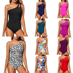 Collage of halter bikini sets in various colors like solid black and leopard prints