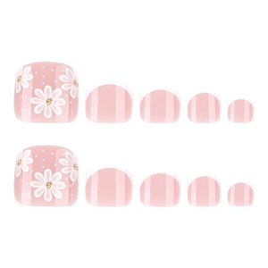 Pink French press-on toenails featuring white daisy patterns and gold glitter accents
