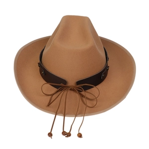 Top view of a tan wool cowboy hat featuring a leather band with studs and beaded tassels