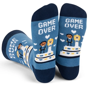 Close-up of blue cotton socks with pixelated Game Over wedding design and navy accents