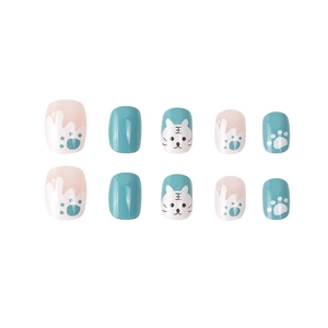 Cute cartoon tiger and cat paw press-on nails in blue and pink, 10 pieces set