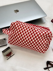 Red White Checkered Makeup Bag Velvet Large Capacity Travel Storage Pouch With Handle Vintage Korean Style Cosmetic Clutch