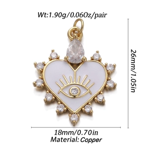 Detail showing white heart evil eye pendant size dimensions and copper material specs
