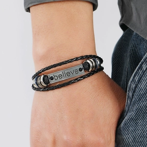 Men's black braided leather bracelet with silver 'Believe' engraved metal plate