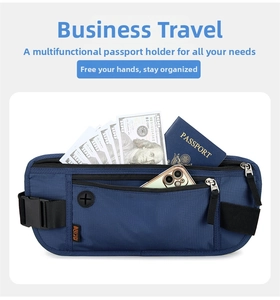 Detail of navy blue running waist pack with RFID protection and waterproof grid fabric