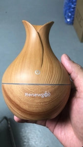 Detail of hand holding onion-shaped wood grain diffuser with Renewgoo logo and touch sensor