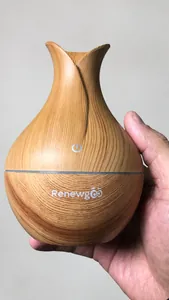 Detail of hand holding onion-shaped wood grain diffuser with Renewgoo logo and touch sensor