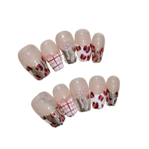 Handmade pink leopard press-on nails with red grids and 3D bowknot design, 10-piece set