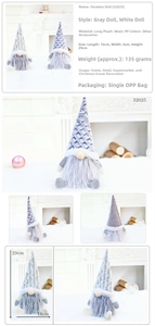 Macro detail of plush Christmas gnome ornaments with size specifications and soft textures