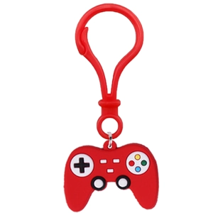 Red silicone game controller keychain with colorful buttons on a white background